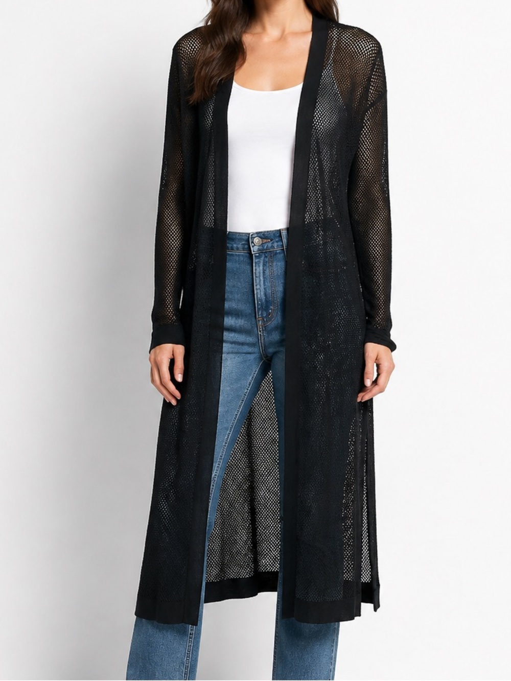 Christopher Fischer Black Open Knit Cotton Maxi Duster Cardigan Womens S